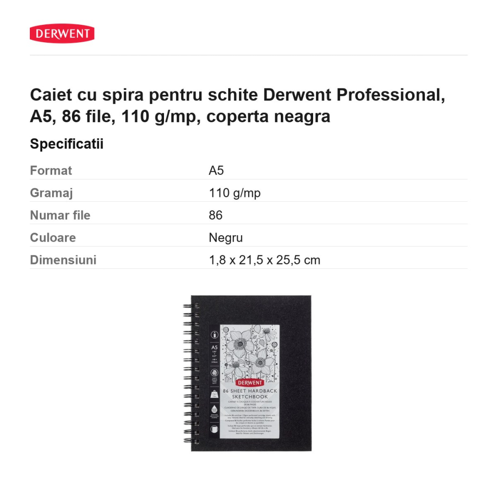 Caiet cu spira pentru schite Derwent Professional, A5, 86 file, 110 g/mp, coperta neagra [3]