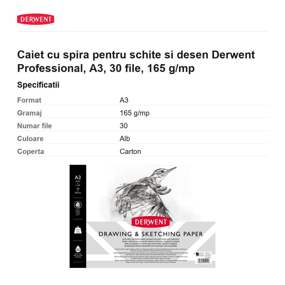 Caiet cu spira pentru schite si desen Derwent Professional, A3, 30 file, 165 g/mp [3]