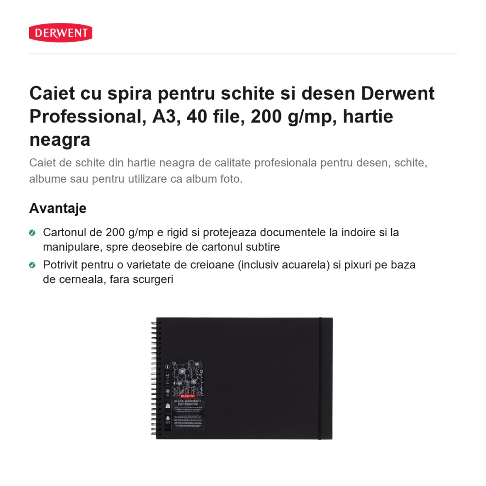 Caiet cu spira pentru schite si desen Derwent Professional, A3, 40 file, 200 g/mp, hartie neagra [2]