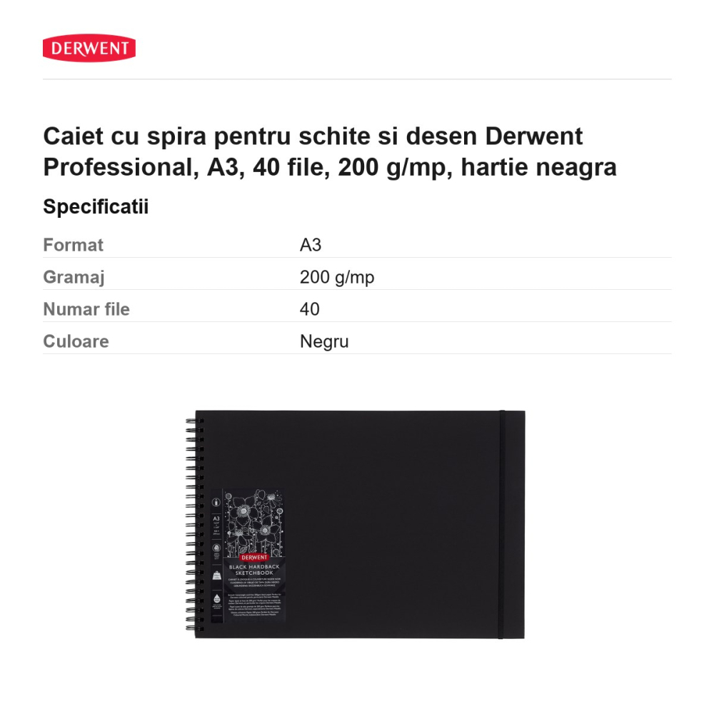 Caiet cu spira pentru schite si desen Derwent Professional, A3, 40 file, 200 g/mp, hartie neagra [3]