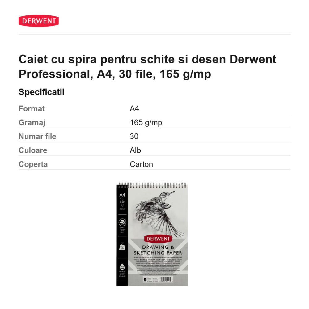 Caiet cu spira pentru schite si desen Derwent Professional, A4, 30 file, 165 g/mp [3]