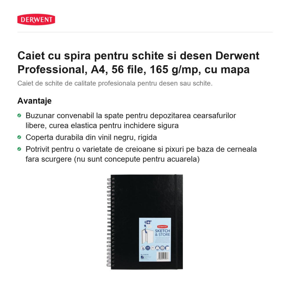 Caiet cu spira pentru schite si desen Derwent Professional, A4, 56 file, 165 g/mp, cu mapa [2]