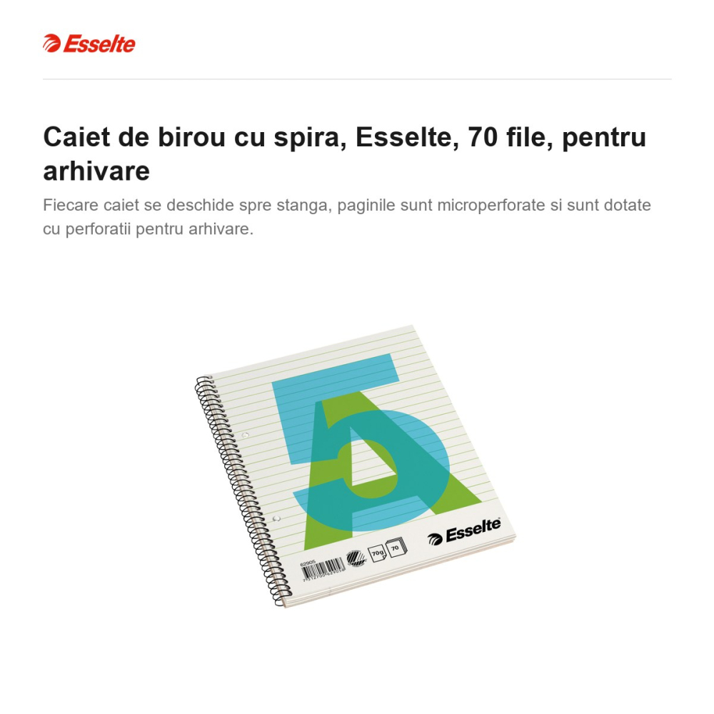 Caiet de birou cu spira, Esselte, 70 file, pentru arhivare [2]