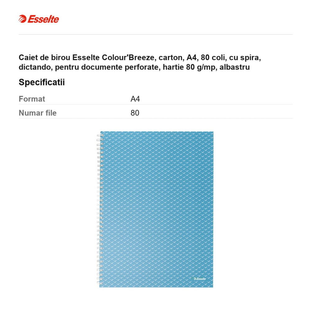 Caiet de birou Esselte Colour'Breeze, carton, A4, 80 coli, cu spira, dictando, pentru documente perforate, hartie 80 g/mp, albastru [3]