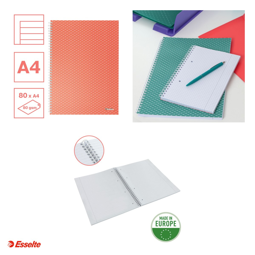 Caiet de birou Esselte Colour'Breeze, carton, A4, 80 coli, cu spira, dictando, pentru documente perforate, hartie 80 g/mp, corai [4]