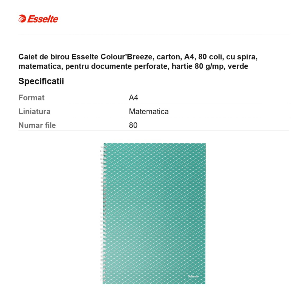 Caiet de birou Esselte Colour'Breeze, carton, A4, 80 coli, cu spira, matematica, pentru documente perforate, hartie 80 g/mp, verde [3]
