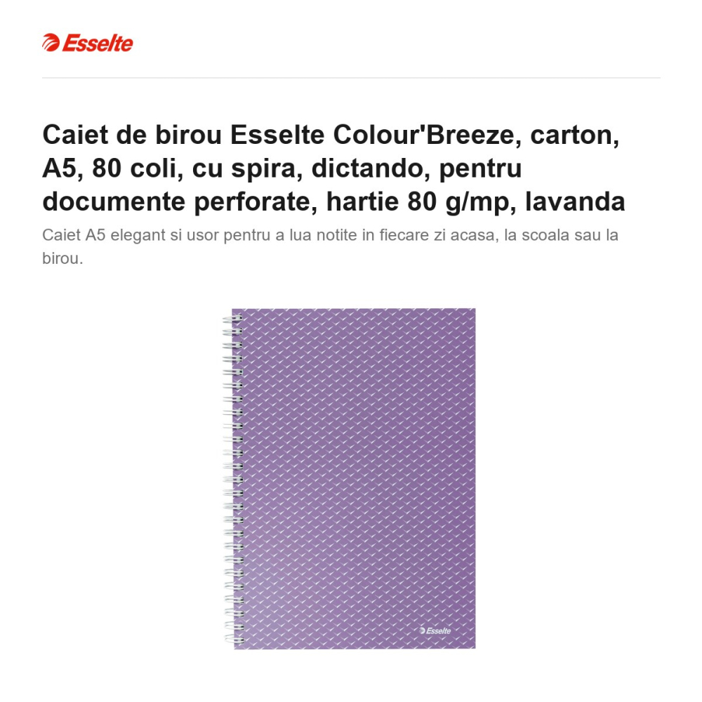 Caiet de birou Esselte Colour'Breeze, carton, A5, 80 coli, cu spira, dictando, pentru documente perforate, hartie 80 g/mp, lavanda [2]