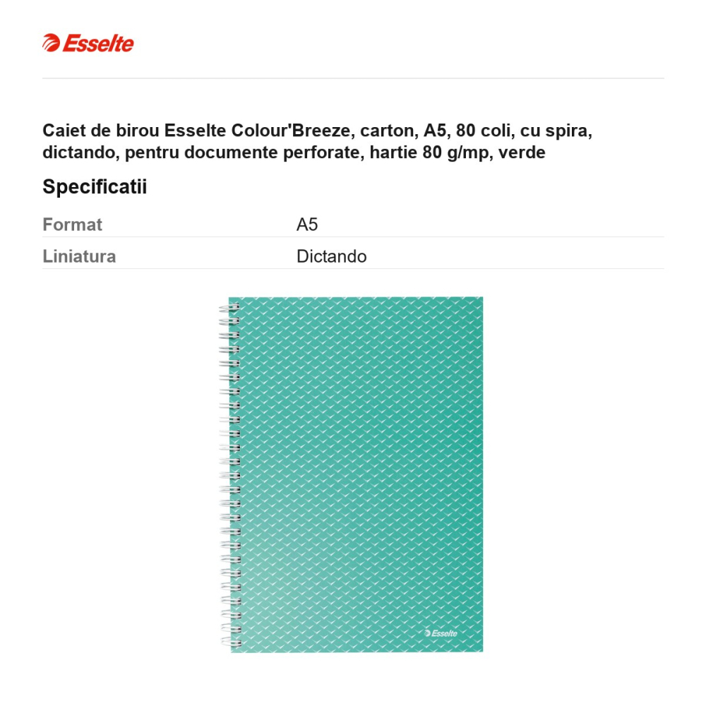 Caiet de birou Esselte Colour'Breeze, carton, A5, 80 coli, cu spira, dictando, pentru documente perforate, hartie 80 g/mp, verde [3]