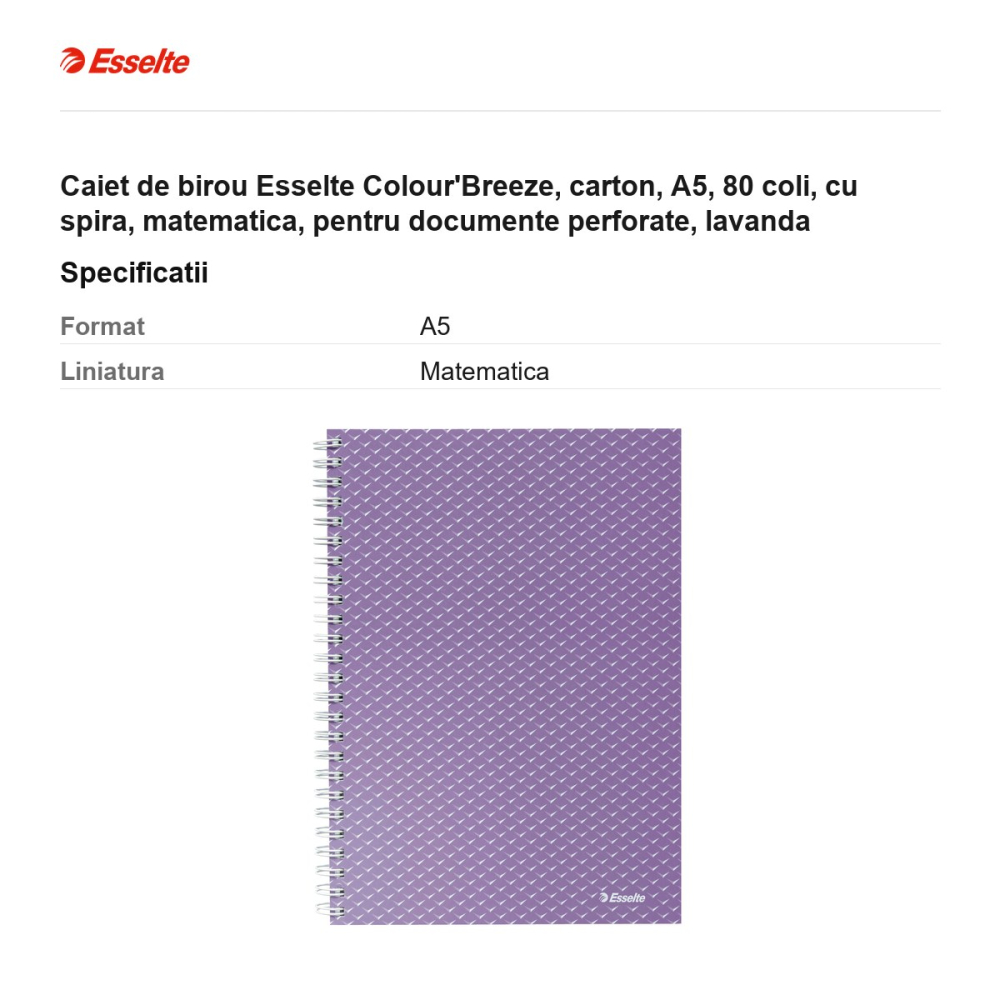 Caiet de birou Esselte Colour'Breeze, carton, A5, 80 coli, cu spira, matematica, pentru documente perforate, lavanda [3]
