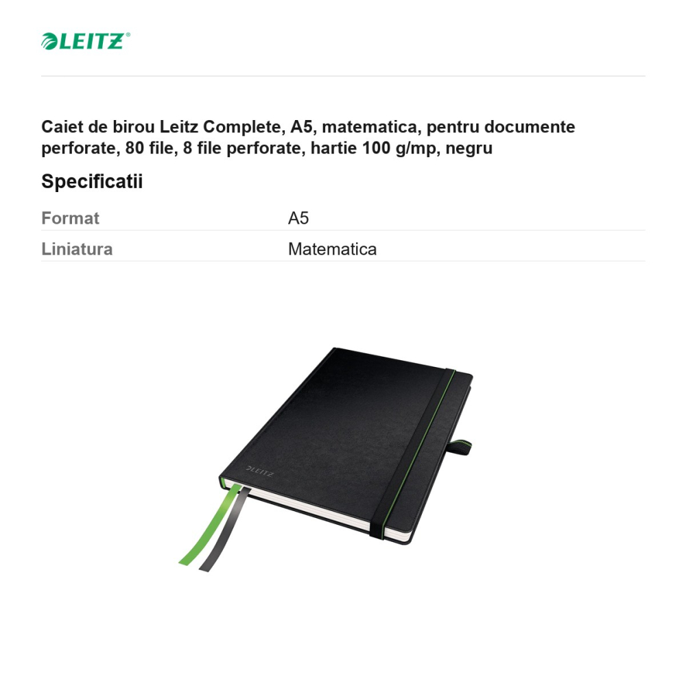 Caiet de birou Leitz Complete, A5, matematica, pentru documente perforate, 80 file, 8 file perforate, hartie 100 g/mp, negru [3]