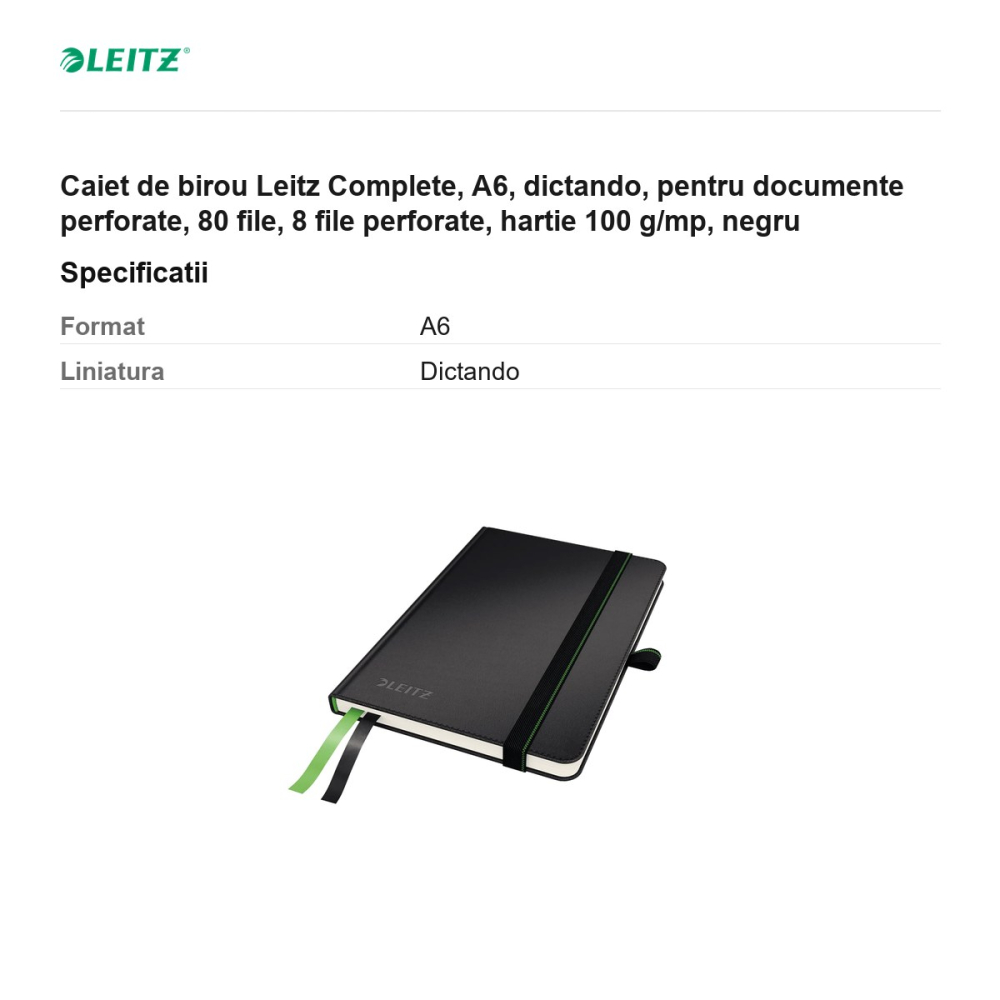 Caiet de birou Leitz Complete, A6, dictando, pentru documente perforate, 80 file, 8 file perforate, hartie 100 g/mp, negru [3]