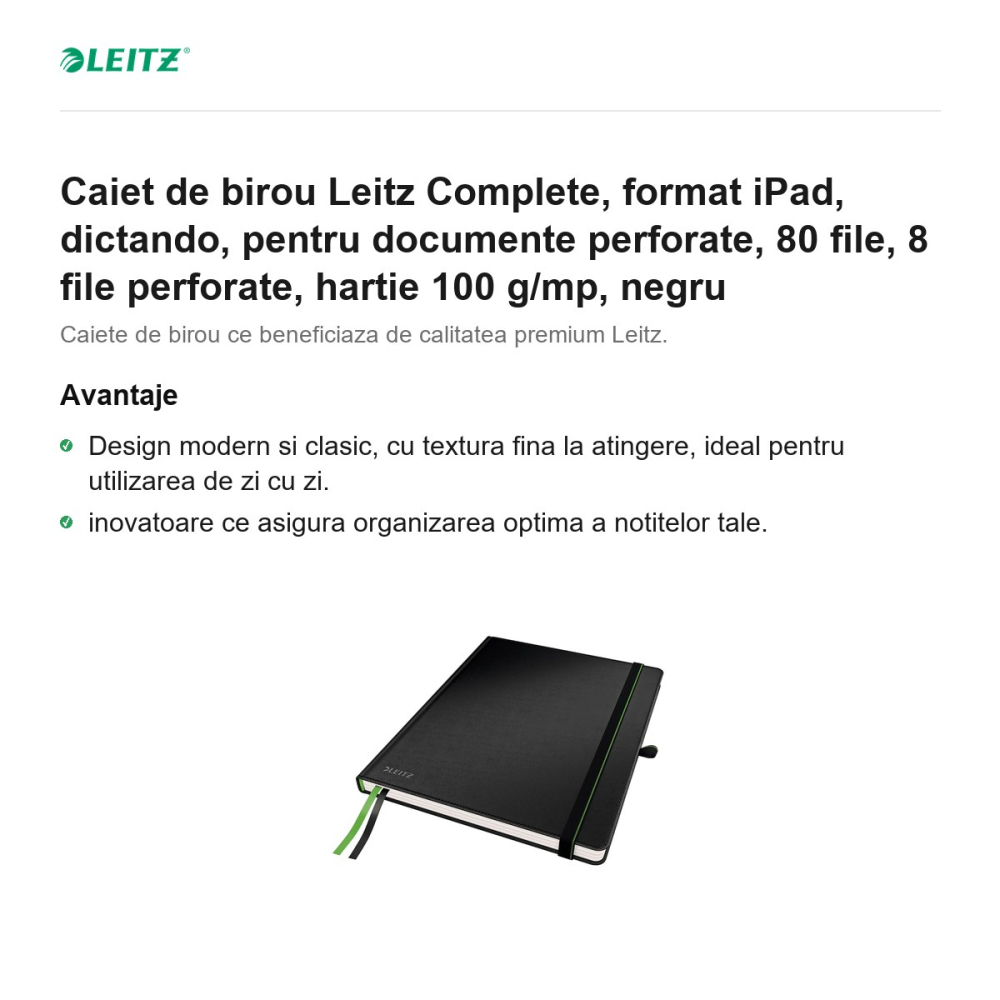 Caiet de birou Leitz Complete, format iPad, dictando, pentru documente perforate, 80 file, 8 file perforate, hartie 100 g/mp, negru [2]