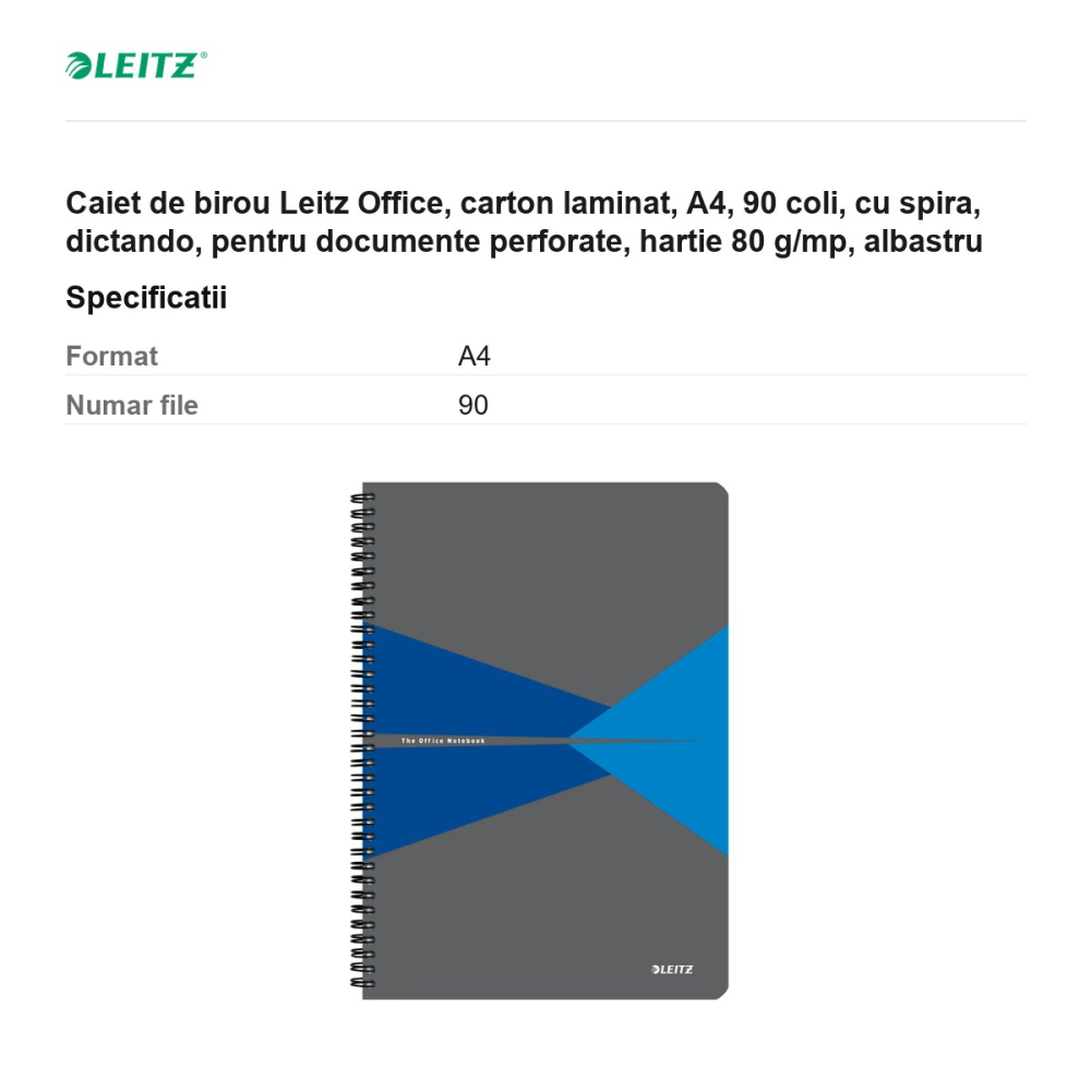 Caiet de birou Leitz Office, carton laminat, A4, 90 coli, cu spira, dictando, pentru documente perforate, hartie 80 g/mp, albastru [3]