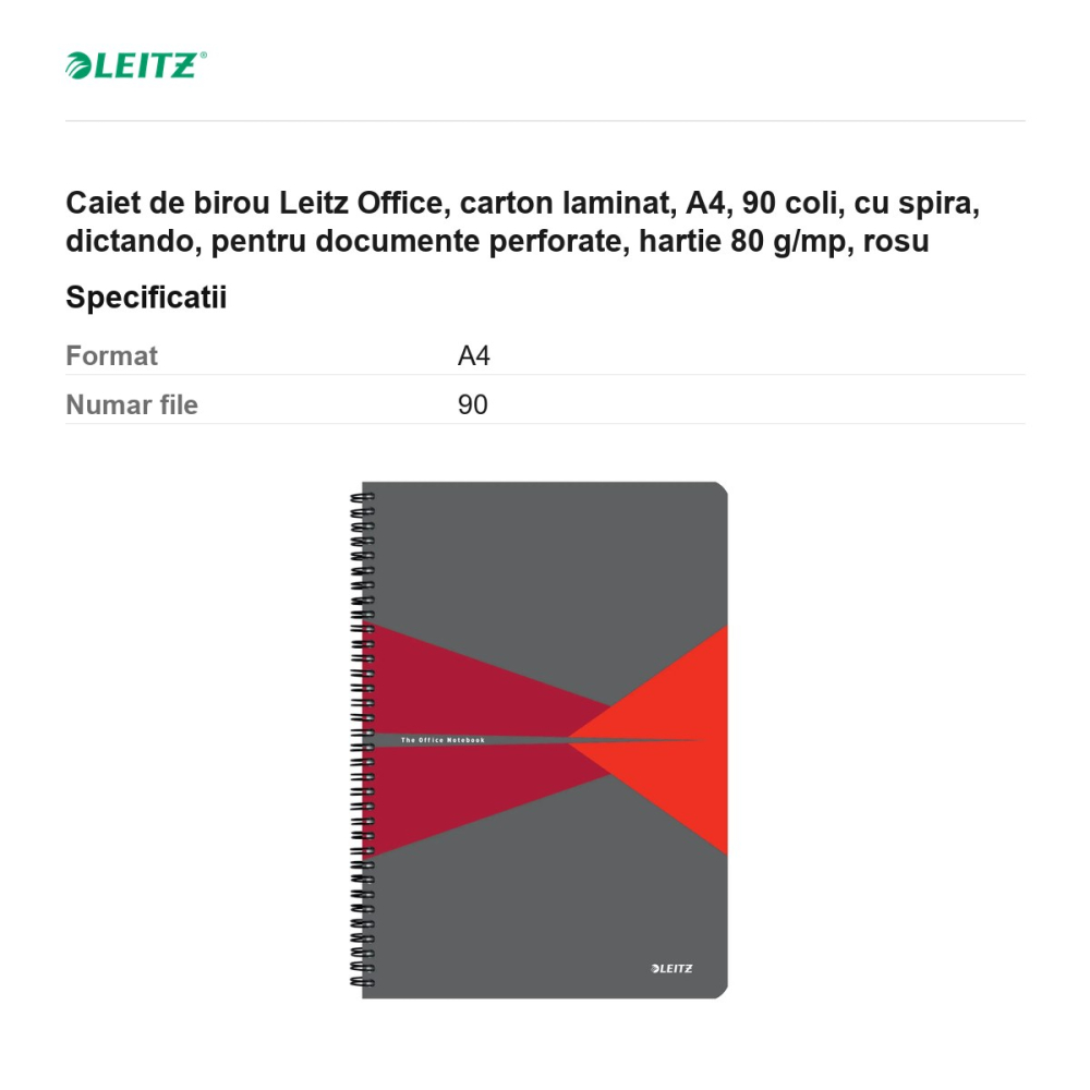 Caiet de birou Leitz Office, carton laminat, A4, 90 coli, cu spira, dictando, pentru documente perforate, hartie 80 g/mp, rosu [3]