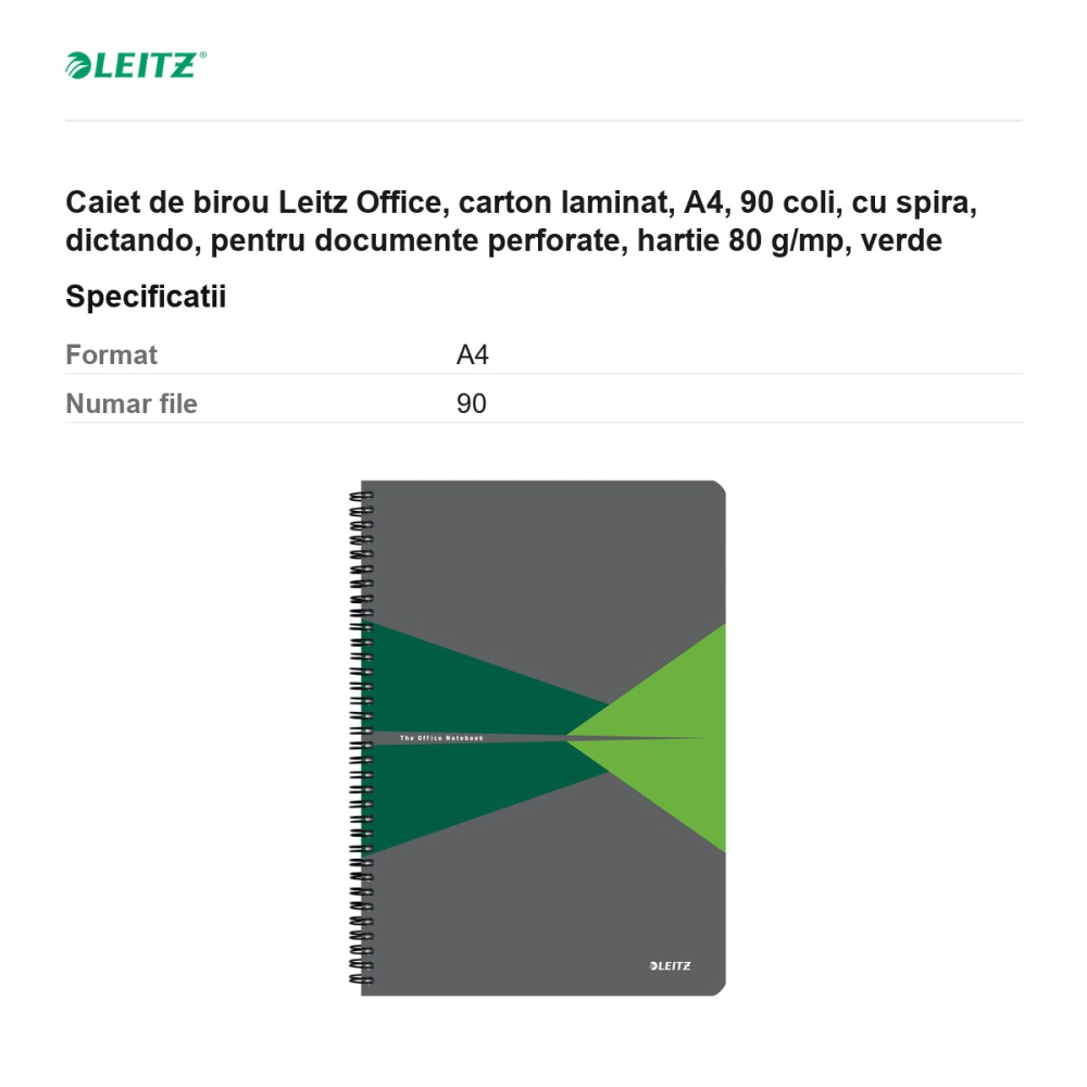 Caiet de birou Leitz Office, carton laminat, A4, 90 coli, cu spira, dictando, pentru documente perforate, hartie 80 g/mp, verde [3]