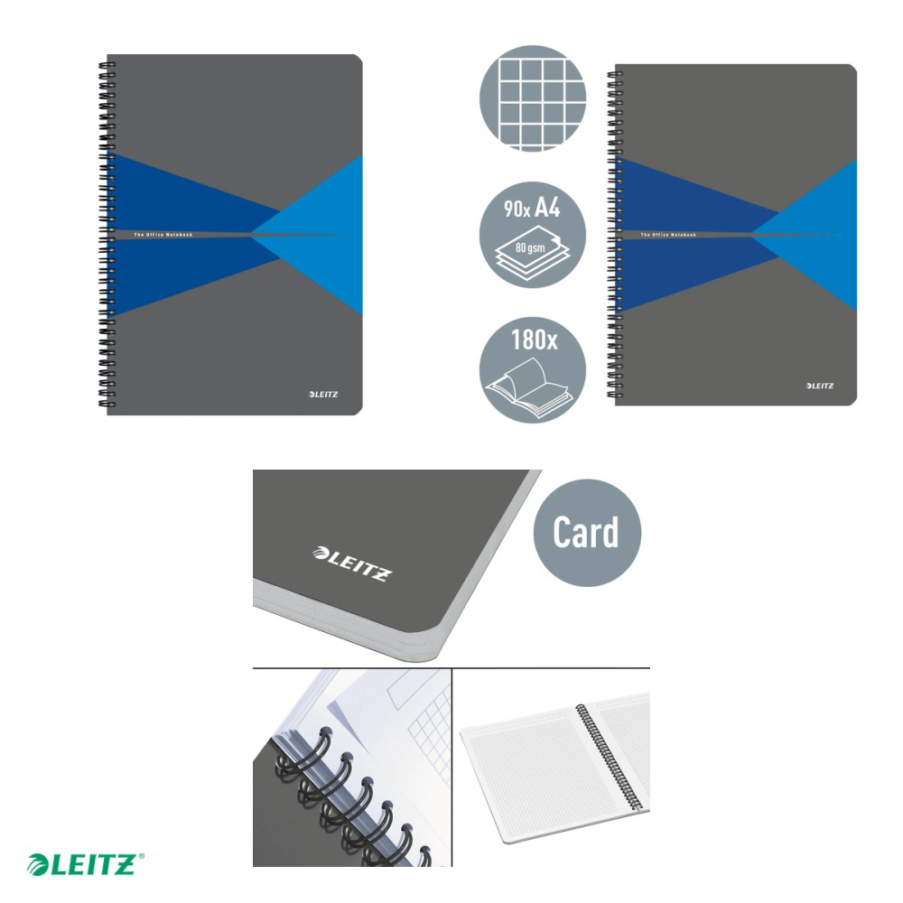 Caiet de birou Leitz Office, carton laminat, A4, 90 coli, cu spira, matematica, pentru documente perforate, hartie 80 g/mp, albastru [4]