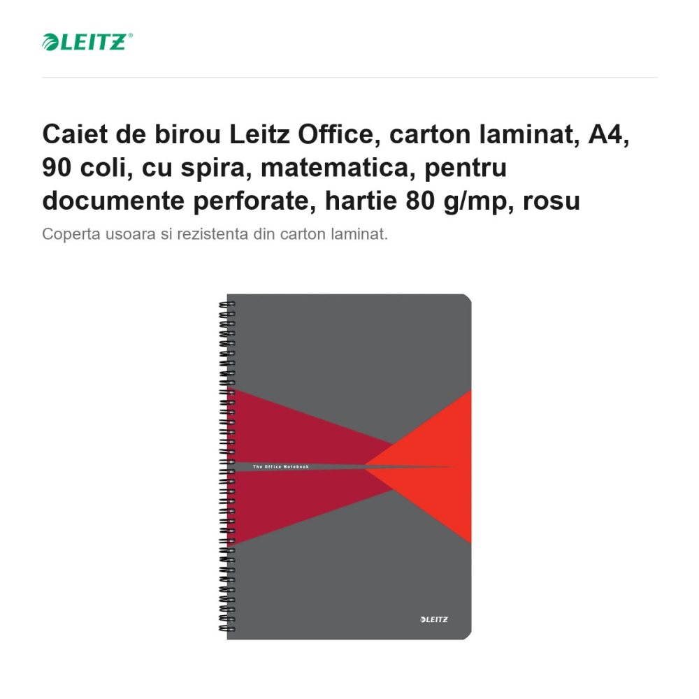 Caiet de birou Leitz Office, carton laminat, A4, 90 coli, cu spira, matematica, pentru documente perforate, hartie 80 g/mp, rosu [2]