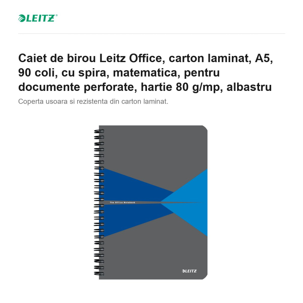 Caiet de birou Leitz Office, carton laminat, A5, 90 coli, cu spira, matematica, pentru documente perforate, hartie 80 g/mp, albastru [2]