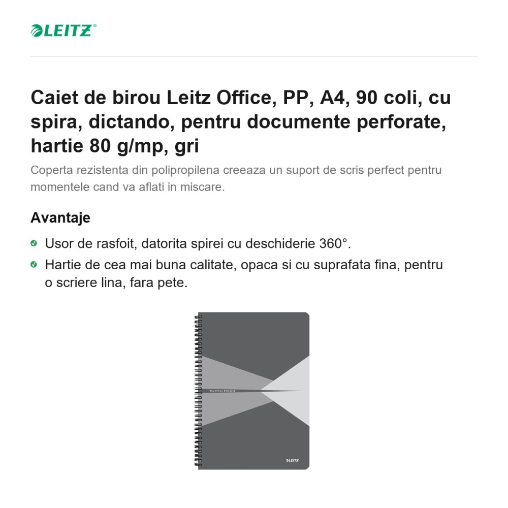 Caiet de birou Leitz Office, PP, A4, 90 coli, cu spira, dictando, pentru documente perforate, hartie 80 g/mp, gri [2]