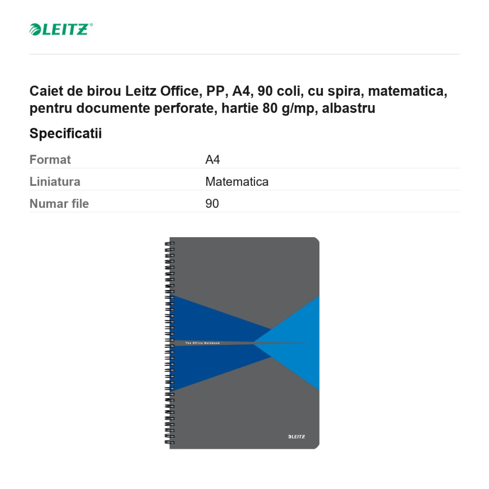 Caiet de birou Leitz Office, PP, A4, 90 coli, cu spira, matematica, pentru documente perforate, hartie 80 g/mp, albastru [3]