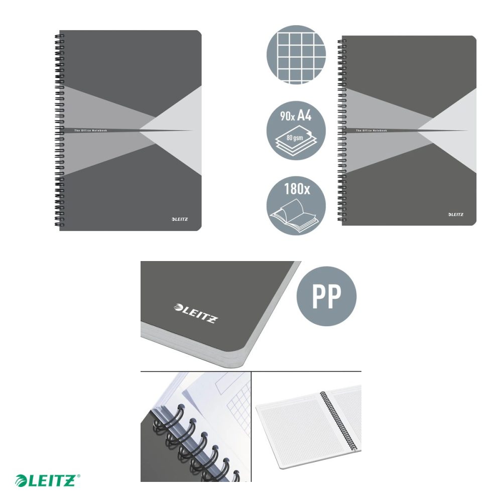 Caiet de birou Leitz Office, PP, A4, 90 coli, cu spira, matematica, pentru documente perforate, hartie 80 g/mp, gri [4]