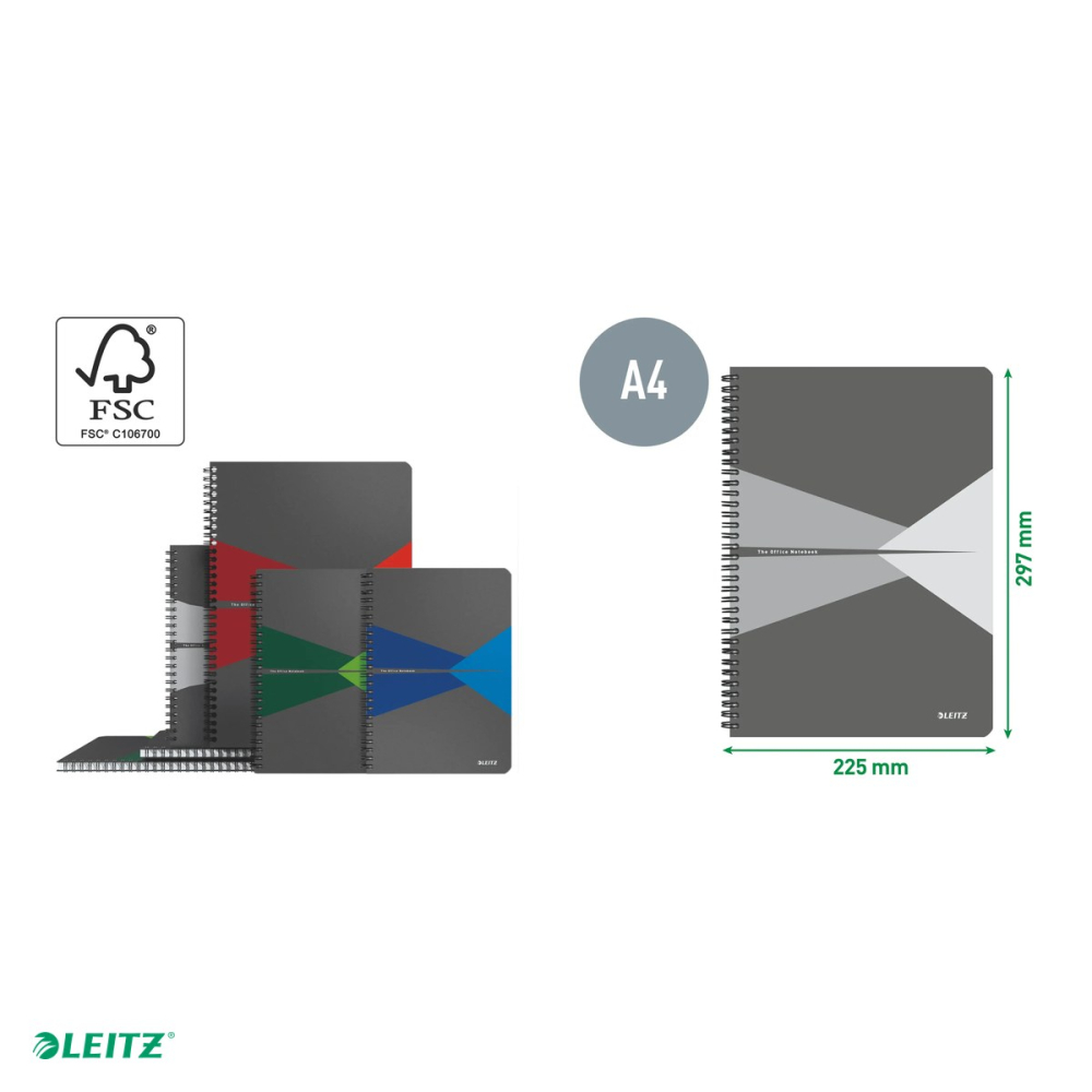 Caiet de birou Leitz Office, PP, A4, 90 coli, cu spira, matematica, pentru documente perforate, hartie 80 g/mp, verde [5]