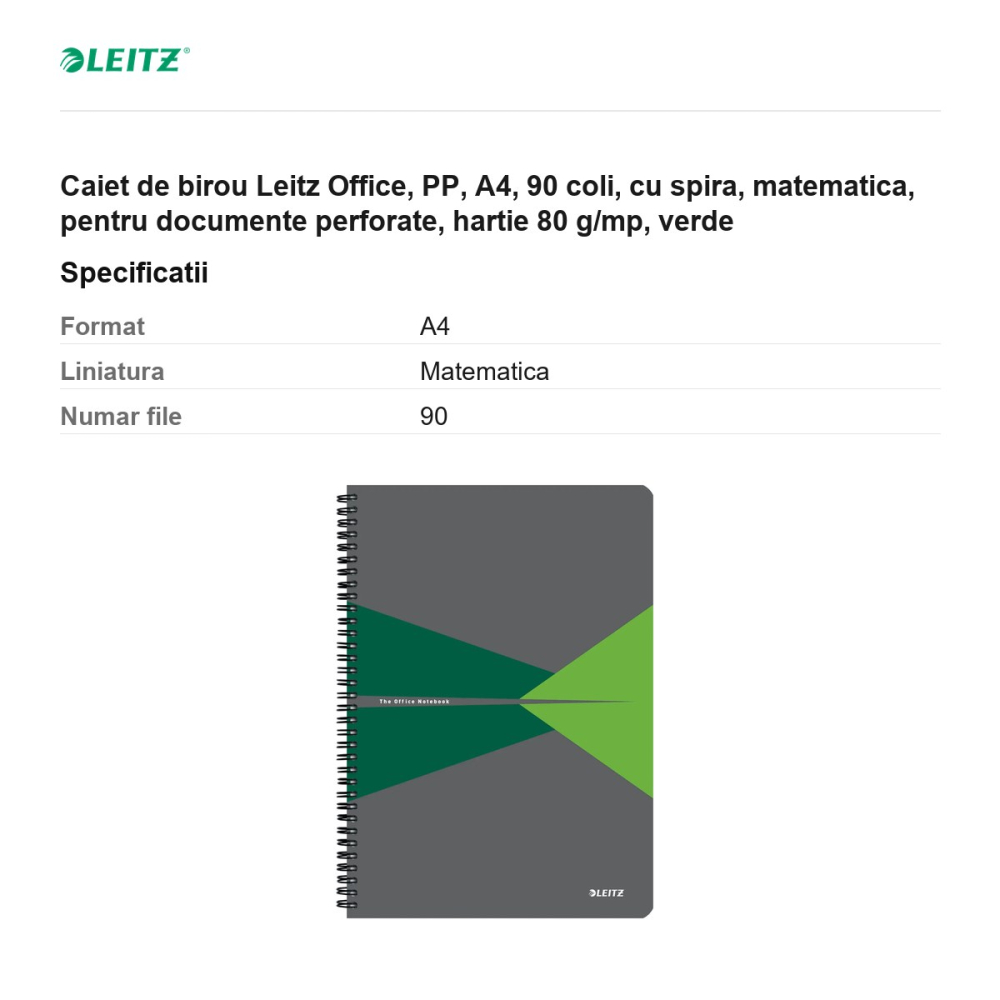 Caiet de birou Leitz Office, PP, A4, 90 coli, cu spira, matematica, pentru documente perforate, hartie 80 g/mp, verde [3]