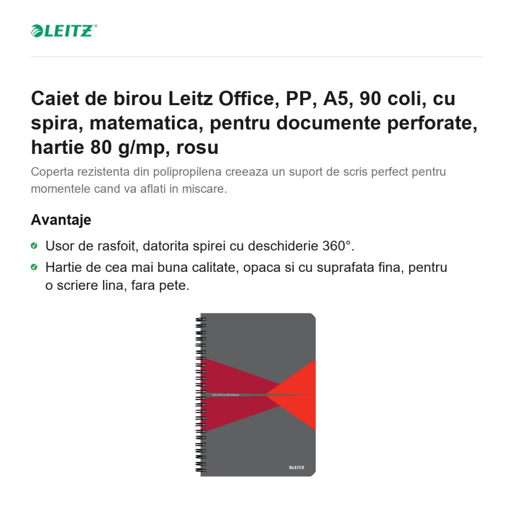 Caiet de birou Leitz Office, PP, A5, 90 coli, cu spira, matematica, pentru documente perforate, hartie 80 g/mp, rosu [2]