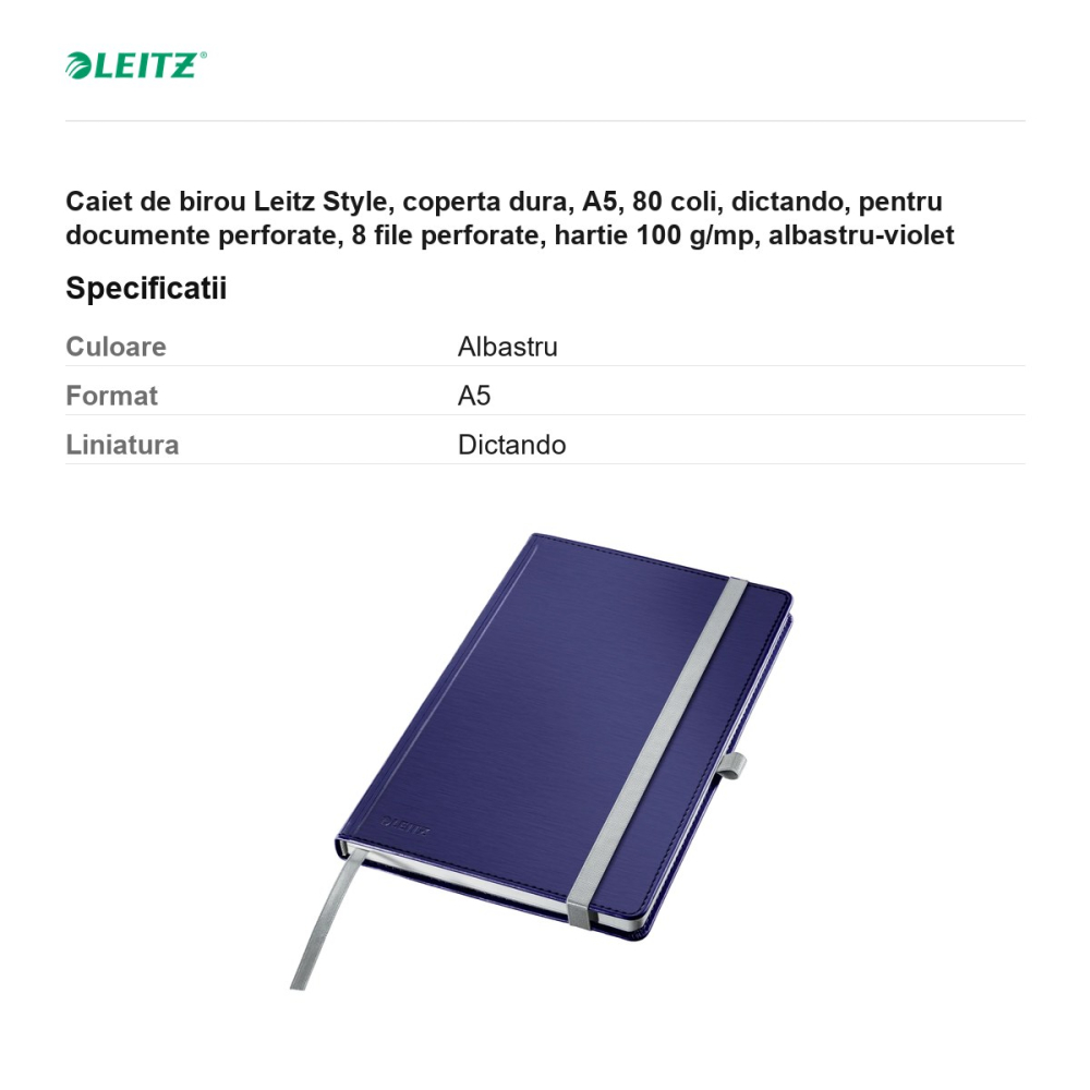 Caiet de birou Leitz Style, coperta dura, A5, 80 coli, dictando, pentru documente perforate, 8 file perforate, hartie 100 g/mp, albastru-violet [3]