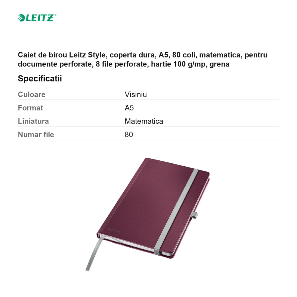 Caiet de birou Leitz Style, coperta dura, A5, 80 coli, matematica, pentru documente perforate, 8 file perforate, hartie 100 g/mp, grena [3]