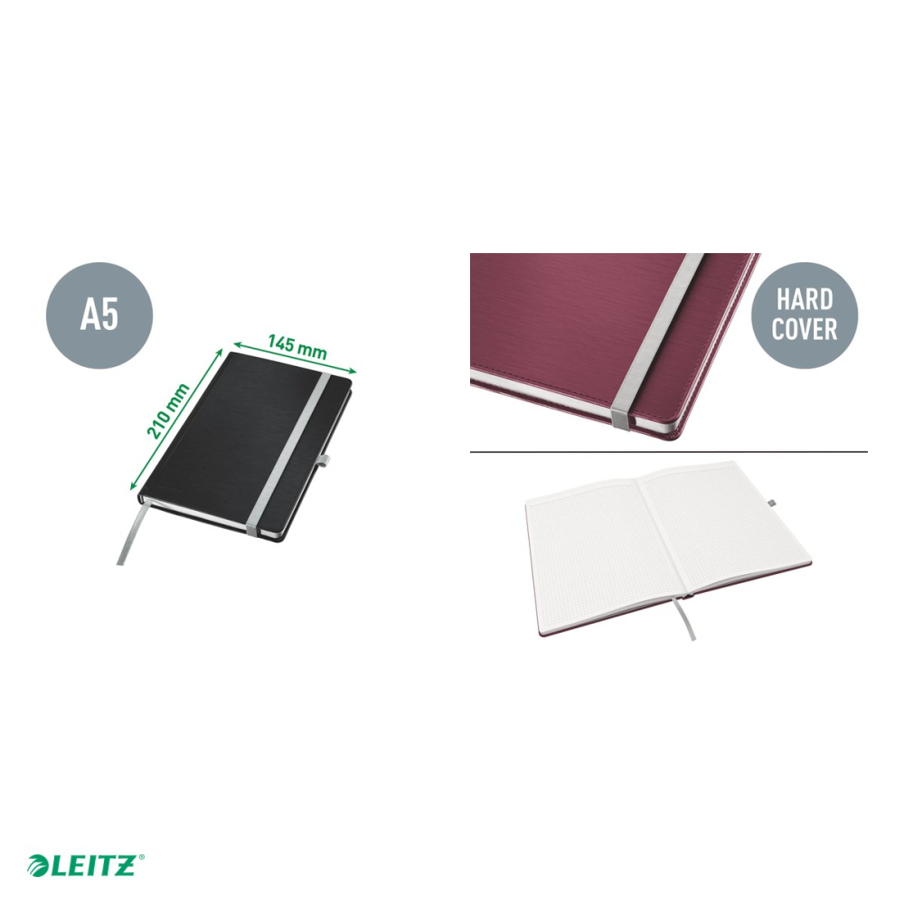 Caiet de birou Leitz Style, coperta dura, A5, 80 coli, matematica, pentru documente perforate, 8 file perforate, hartie 100 g/mp, grena [5]