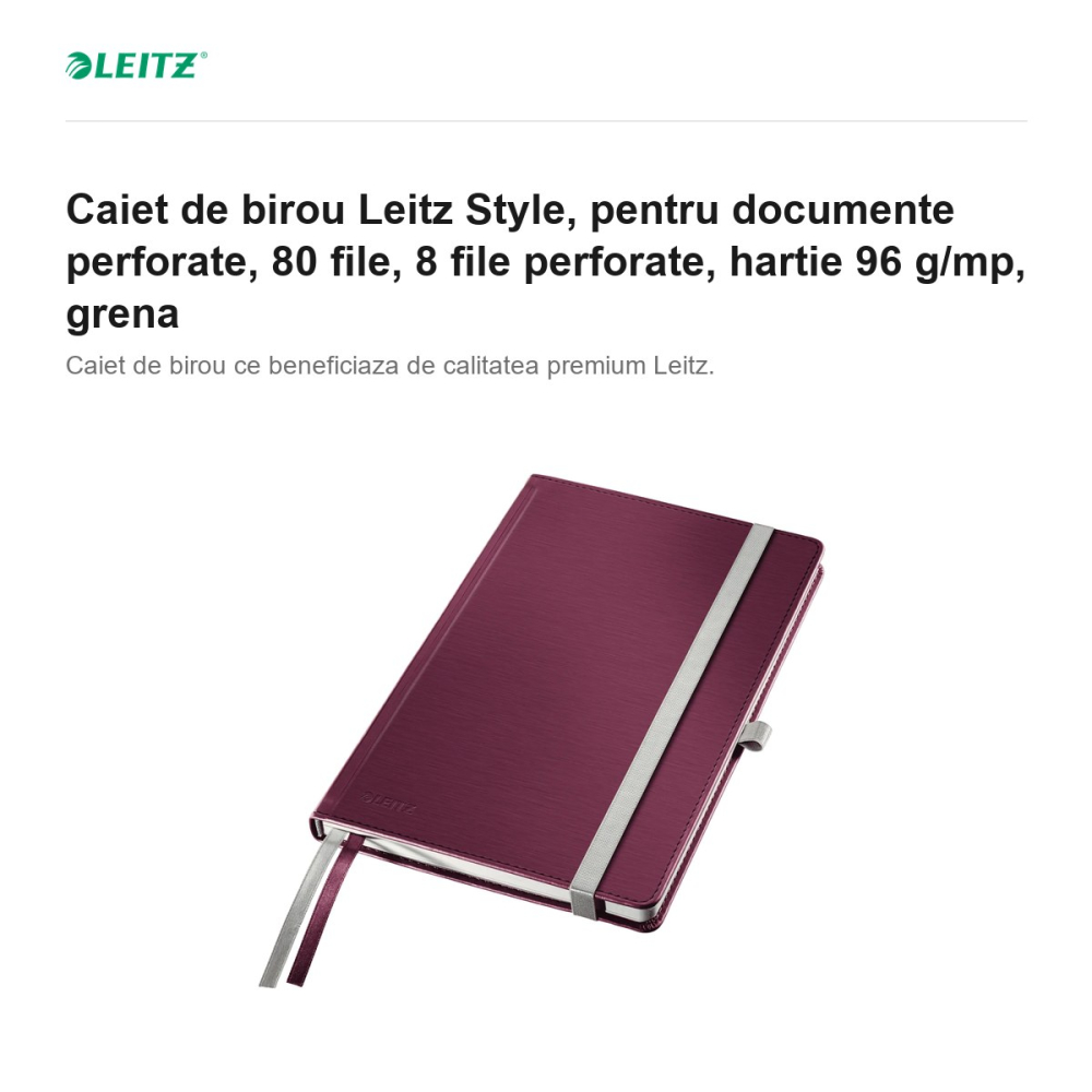 Caiet de birou Leitz Style, pentru documente perforate, 80 file, 8 file perforate, hartie 96 g/mp, grena [2]