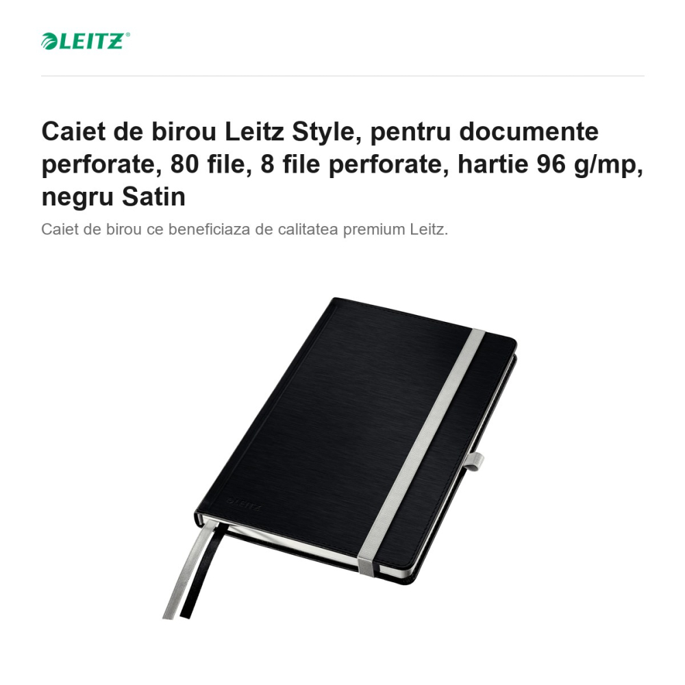Caiet de birou Leitz Style, pentru documente perforate, 80 file, 8 file perforate, hartie 96 g/mp, negru Satin [2]
