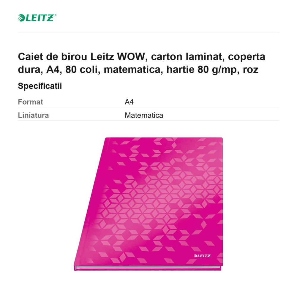 Caiet de birou Leitz WOW, carton laminat, coperta dura, A4, 80 coli, matematica, hartie 80 g/mp, roz [3]