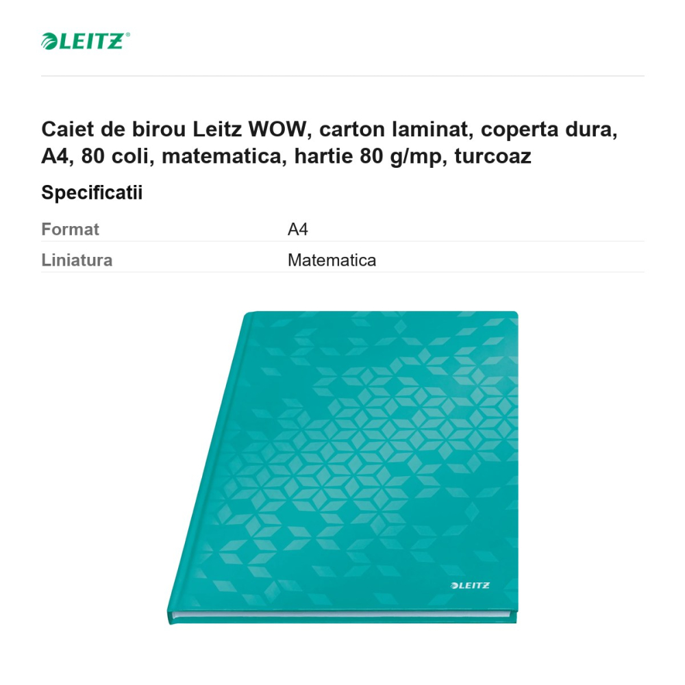 Caiet de birou Leitz WOW, carton laminat, coperta dura, A4, 80 coli, matematica, hartie 80 g/mp, turcoaz [3]