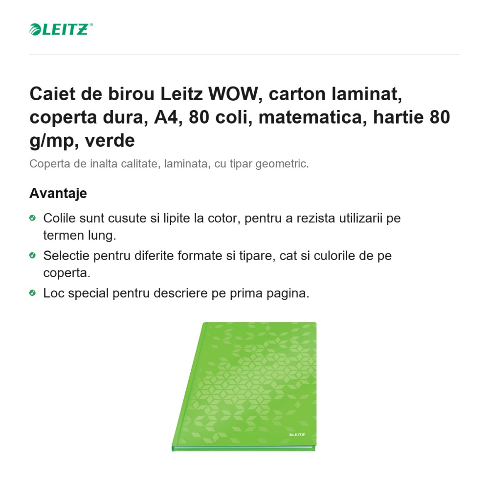 Caiet de birou Leitz WOW, carton laminat, coperta dura, A4, 80 coli, matematica, hartie 80 g/mp, verde [2]