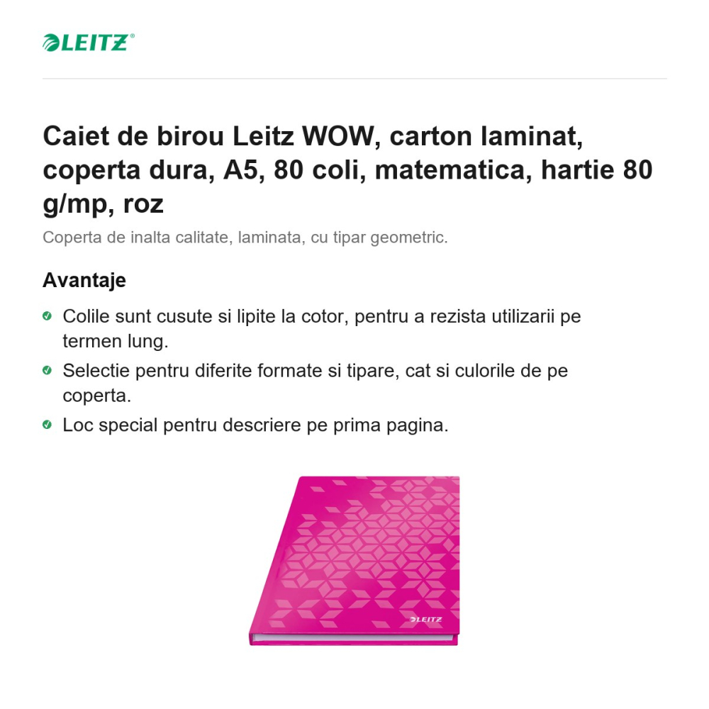 Caiet de birou Leitz WOW, carton laminat, coperta dura, A5, 80 coli, matematica, hartie 80 g/mp, roz [2]