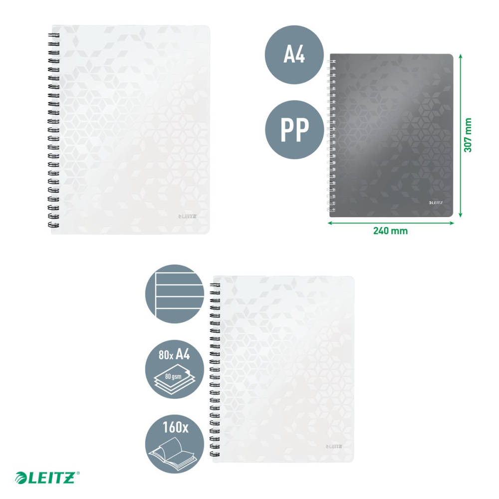 Caiet de birou Leitz WOW, PP, A4, cu spira, dictando, pentru documente perforate, 80 file, hartie 80 g/mp, alb [4]