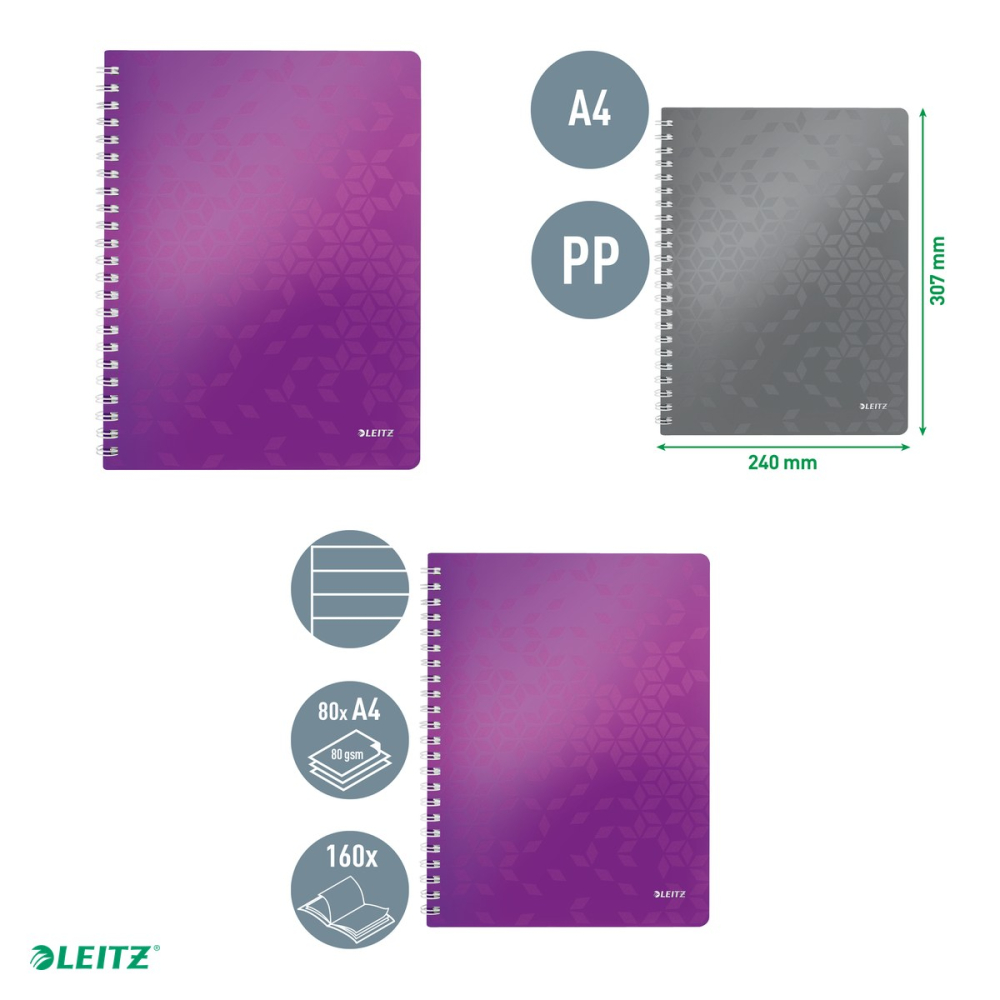 Caiet de birou Leitz WOW, PP, A4, cu spira, dictando, pentru documente perforate, 80 file, hartie 80 g/mp, mov [4]