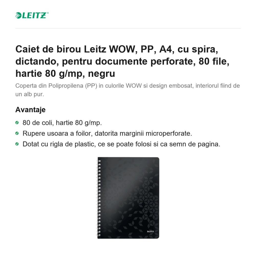 Caiet de birou Leitz WOW, PP, A4, cu spira, dictando, pentru documente perforate, 80 file, hartie 80 g/mp, negru [2]