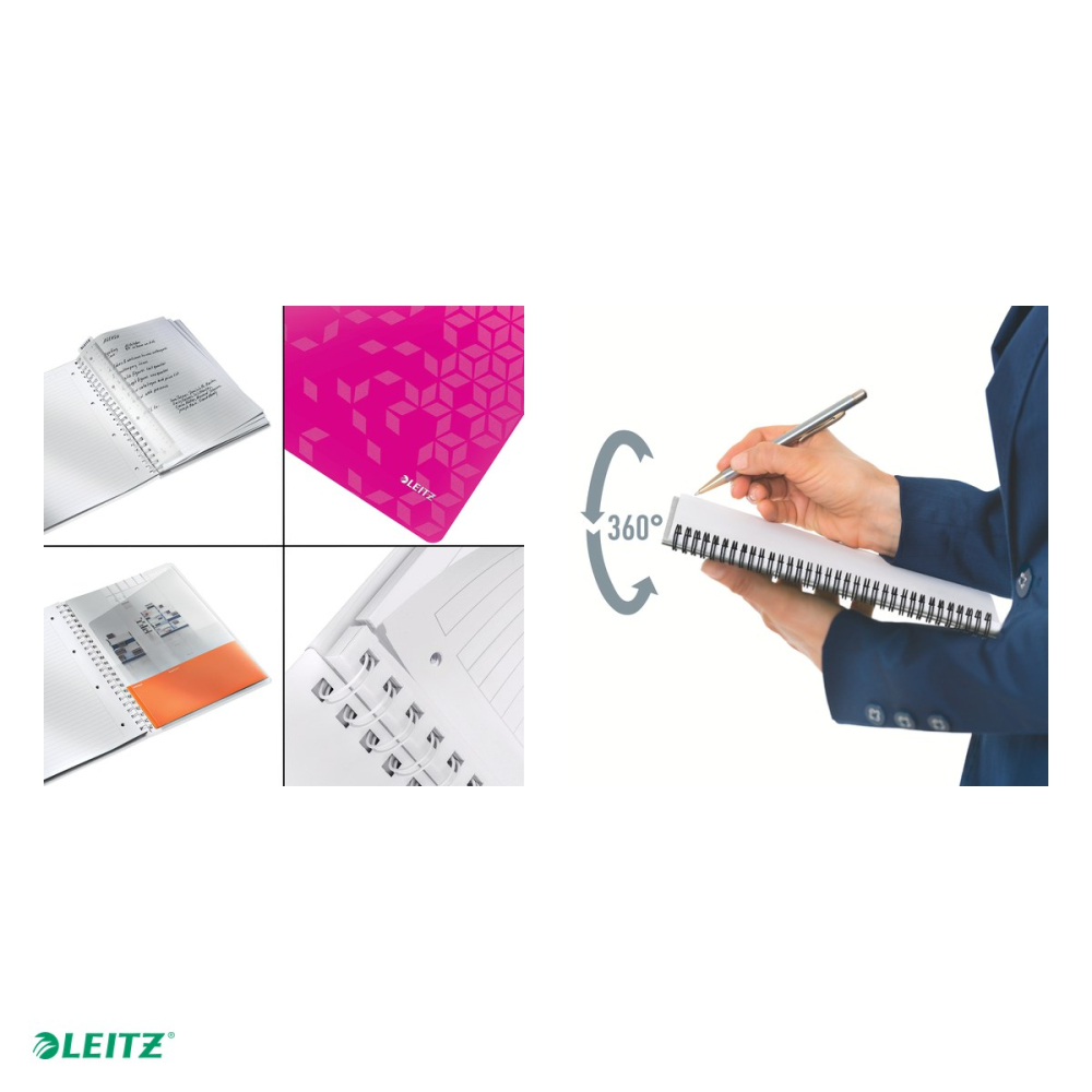 Caiet de birou Leitz WOW, PP, A4, cu spira, dictando, pentru documente perforate, 80 file, hartie 80 g/mp, roz [5]