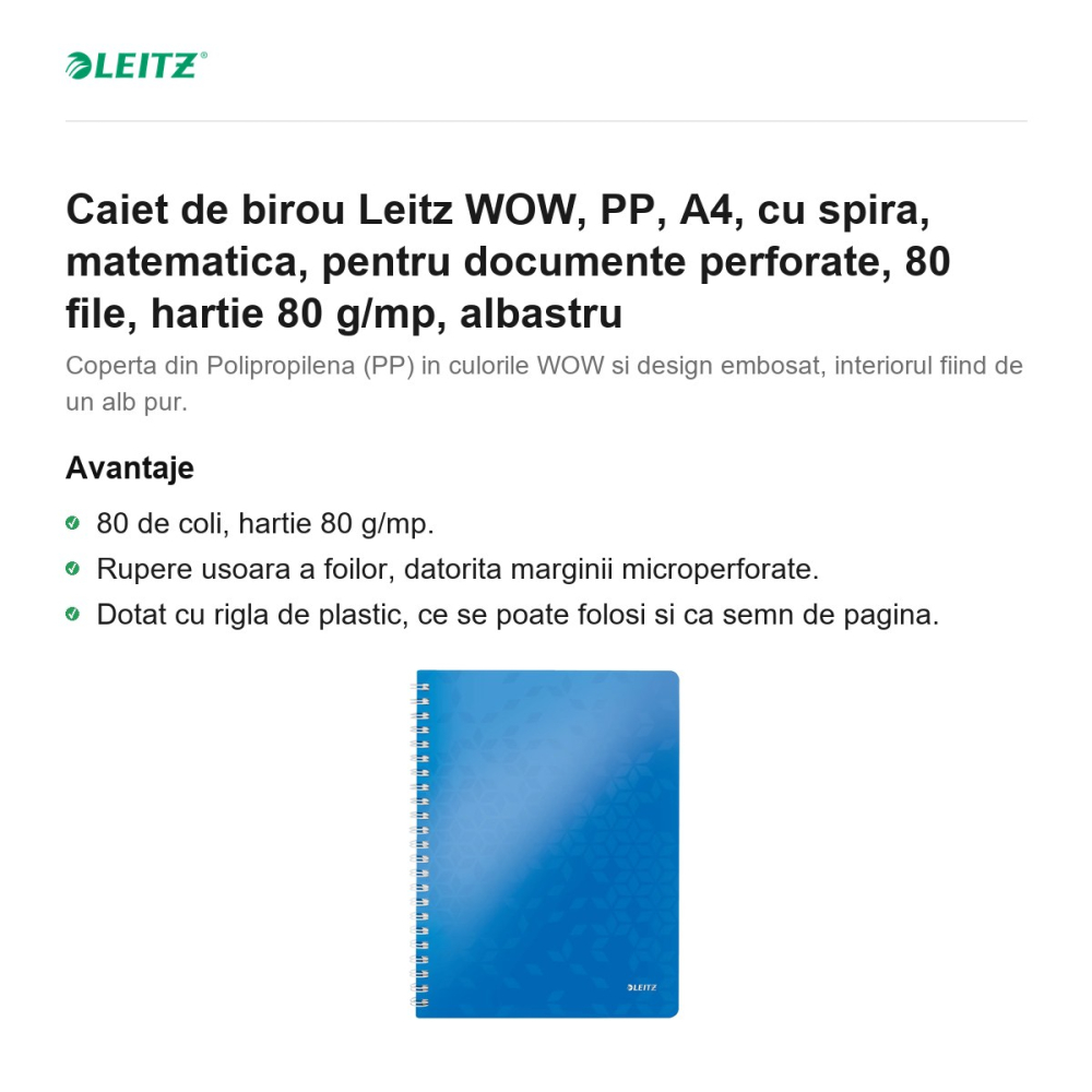 Caiet de birou Leitz WOW, PP, A4, cu spira, matematica, pentru documente perforate, 80 file, hartie 80 g/mp, albastru [2]