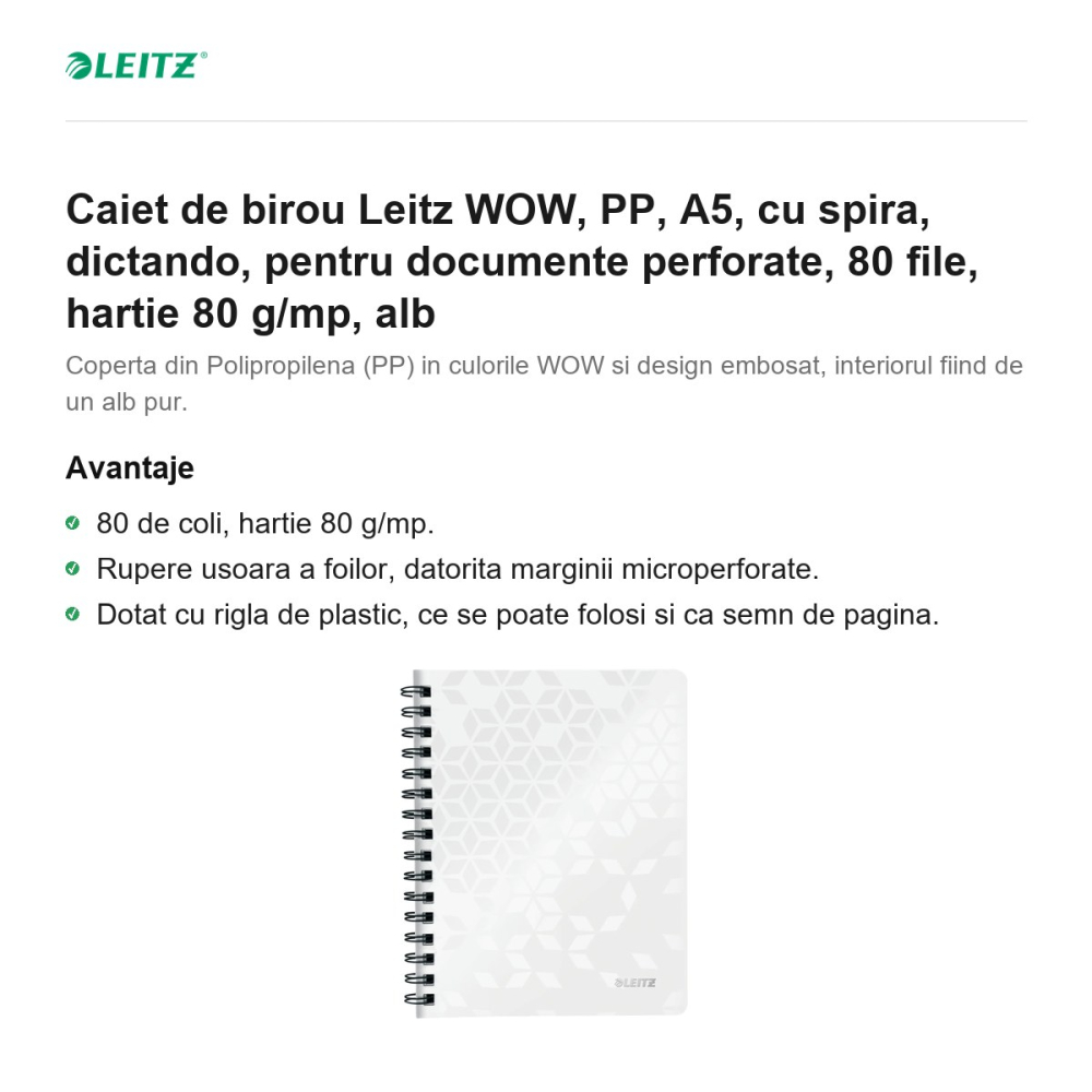 Caiet de birou Leitz WOW, PP, A5, cu spira, dictando, pentru documente perforate, 80 file, hartie 80 g/mp, alb [2]