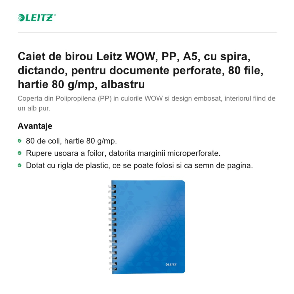 Caiet de birou Leitz WOW, PP, A5, cu spira, dictando, pentru documente perforate, 80 file, hartie 80 g/mp, albastru [2]