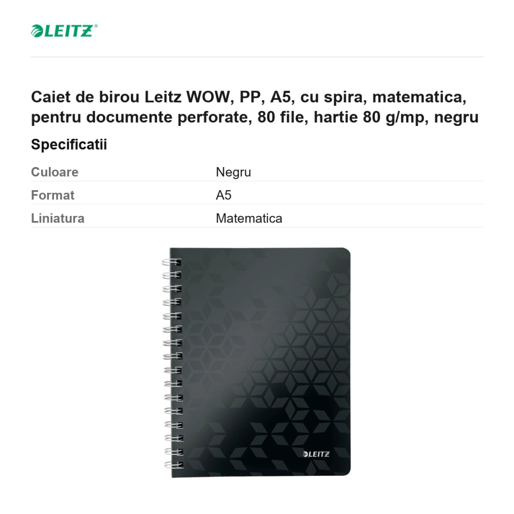 Caiet de birou Leitz WOW, PP, A5, cu spira, matematica, pentru documente perforate, 80 file, hartie 80 g/mp, negru [3]