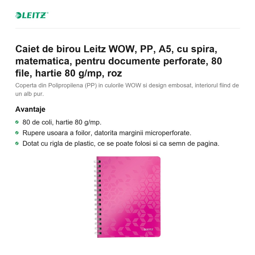 Caiet de birou Leitz WOW, PP, A5, cu spira, matematica, pentru documente perforate, 80 file, hartie 80 g/mp, roz [2]