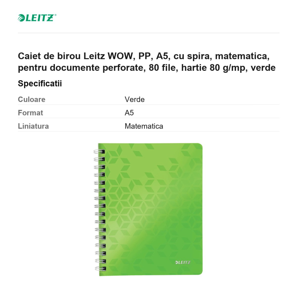 Caiet de birou Leitz WOW, PP, A5, cu spira, matematica, pentru documente perforate, 80 file, hartie 80 g/mp, verde [3]