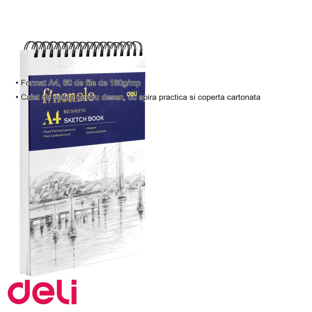 Caiet de schite Deli, format A4, 60 file 160g/mp, spira metalica, coperta cartonata, pentru desen si grafica [3]