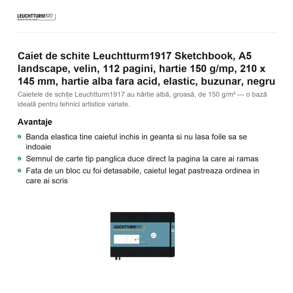 Caiet de schite Leuchtturm1917 Sketchbook, A5 landscape, velin, 112 pagini, hartie 150 g/mp, 210 x 145 mm, hartie alba fara acid, elastic, buzunar, negru [2]