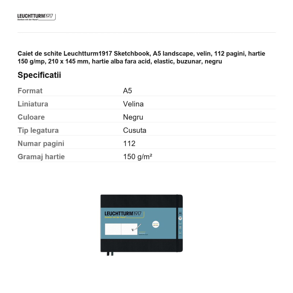 Caiet de schite Leuchtturm1917 Sketchbook, A5 landscape, velin, 112 pagini, hartie 150 g/mp, 210 x 145 mm, hartie alba fara acid, elastic, buzunar, negru [3]